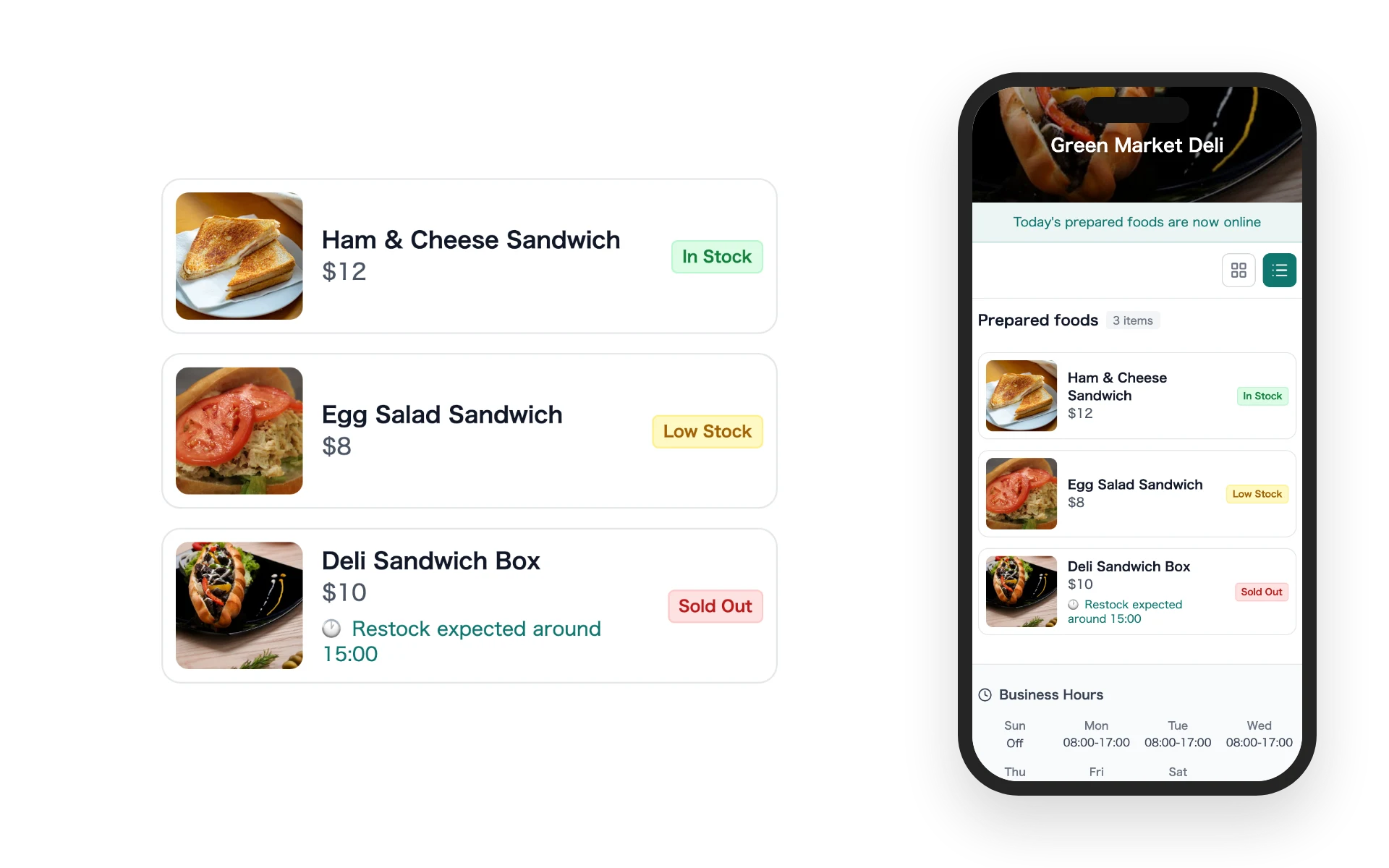 A store page showing product prices and availability labels